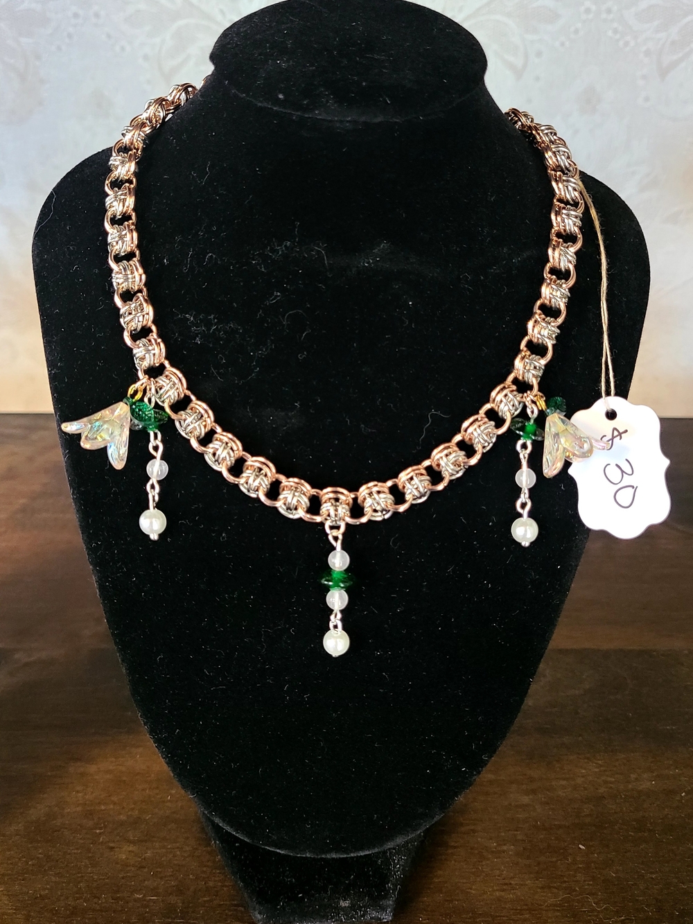 Rose Gold Chain Necklace with Green and Pearl Dangles